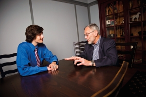 Geronimo Mirano '16, left, and Stephen Hoffman 66, during Commencement and Reunion weekend. Photo: Dominick Reuter