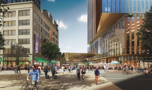 Rendering of new MIT Museum exterior, including Kendall T stop and crosswalk