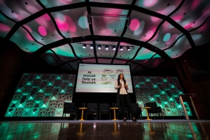 Cynthia Breazeal, associate professor of media arts and sciences, described her vision of humanistic AI. "I envision an AI that helps us to be smarter and more productive and to flourish - and heightens the ability for people to deeply connect." Image: Lillie Paquette