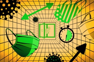 Illustration of covid virus, face masks, and clocks. Image: MIT News/iStock