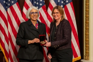 Arati Prabhakar, director of the White House Office of Science and Technology Policy (OSTP), awards Professor Angela Belcher the National Medal of Science on Jan. 3.