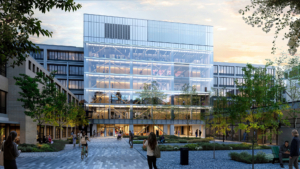 A rendering of MIT’s planned Quantum Systems Lab in Building 39, featuring a transparent, light‑filled structure integrated into the campus with people gathered in a central courtyard.