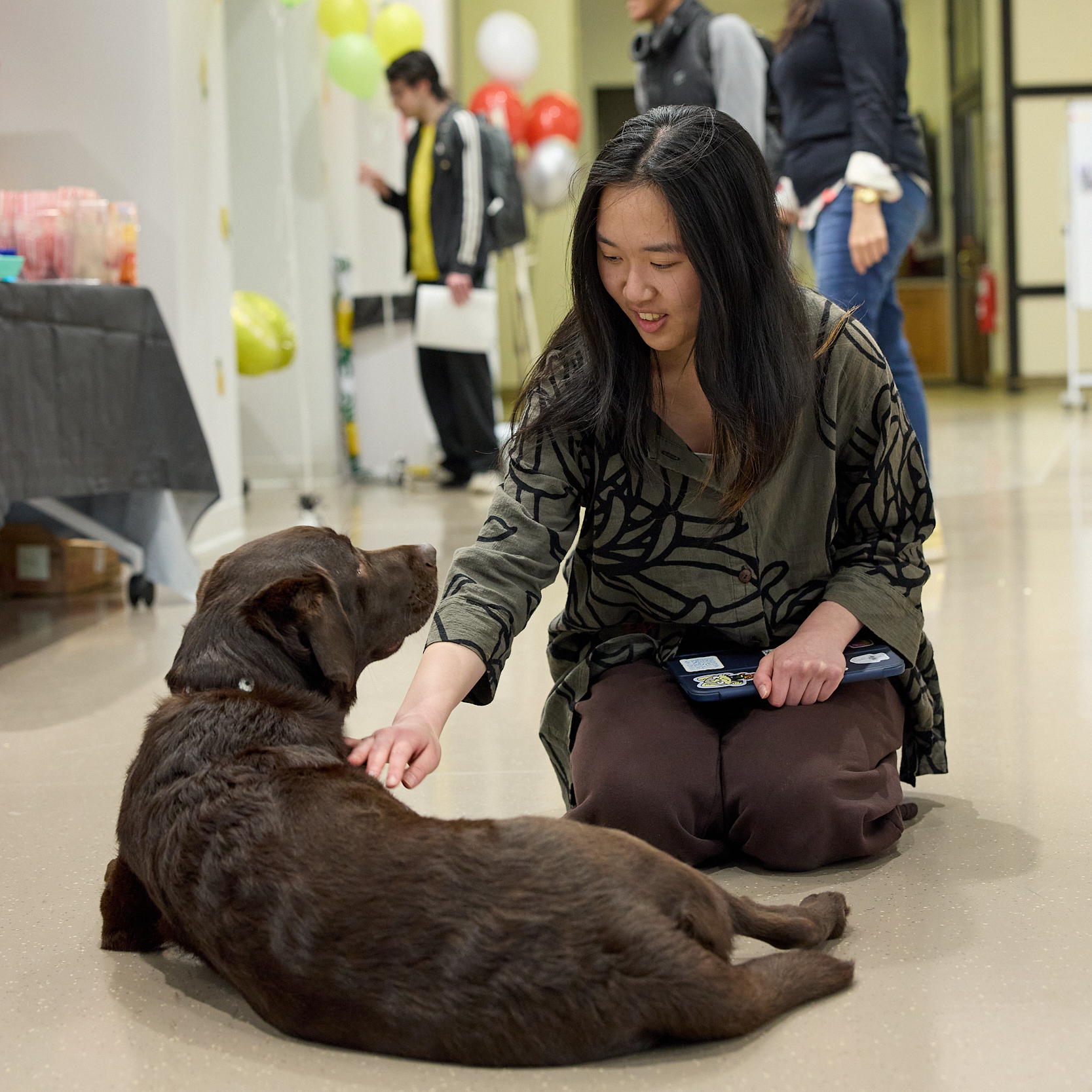 Student kneels down to pet an English labrador at the entrance to the Undergraduate Advising Center..