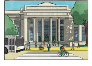 A colorful illustration depicting the entrance to 77 Mass Ave.