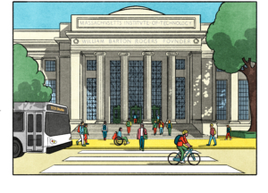 A colorful illustration depicting the entrance to 77 Mass Ave.